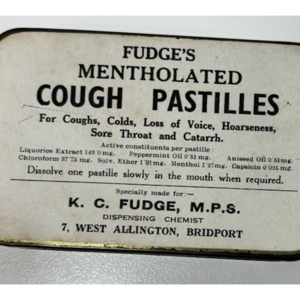 Vintage Fudge's Cough Pastilles Tin Chloroform and Ether on Ingredient List - Picture 2 of 8